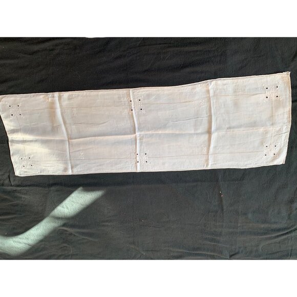 Vintage White Linen Table Runner with Embroidered Floral Details 15x48 - Picture 10 of 10